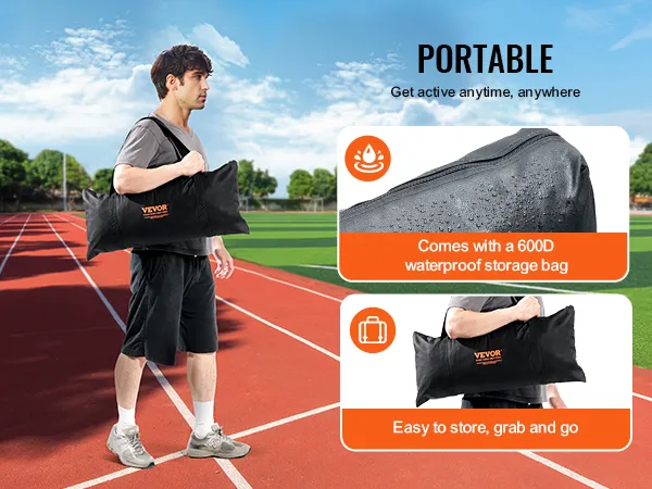 man carrying VEVOR baseball safety screen in a 600d waterproof storage bag on a track field.