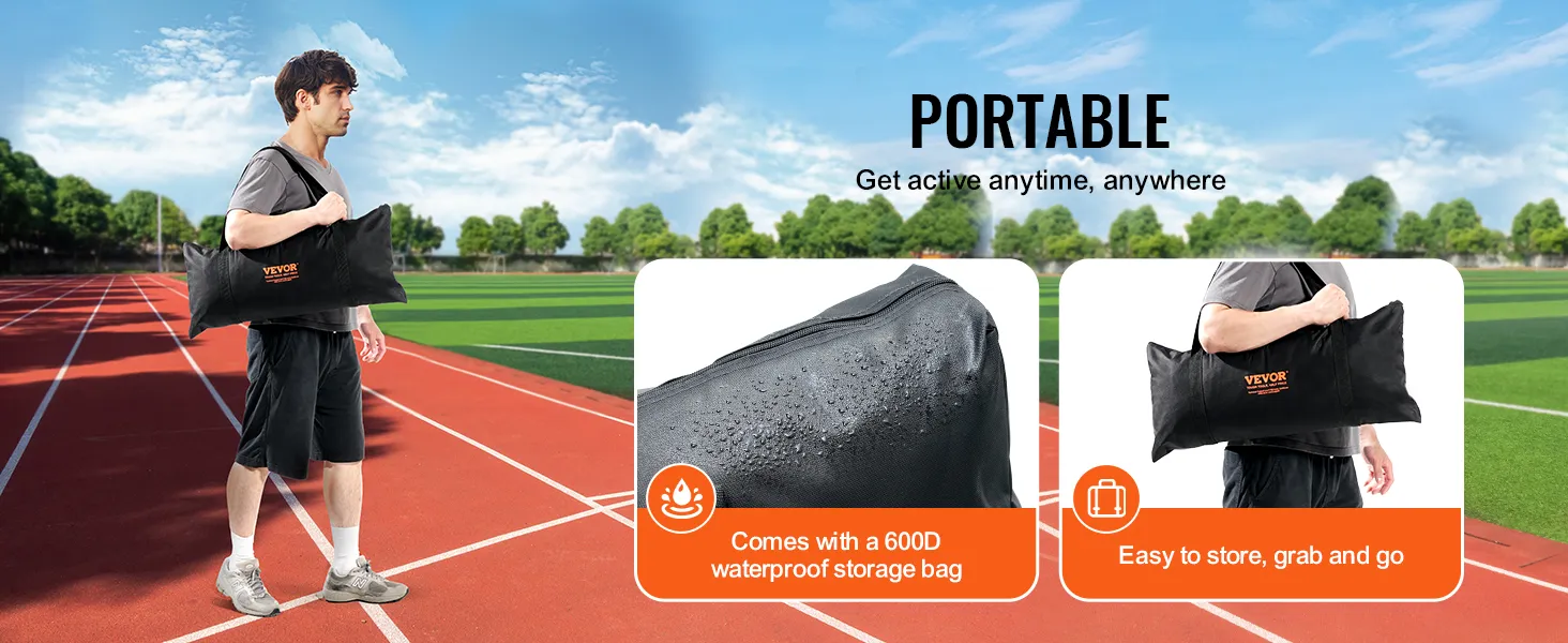 man carrying VEVOR baseball safety screen in a 600d waterproof storage bag on a track field.