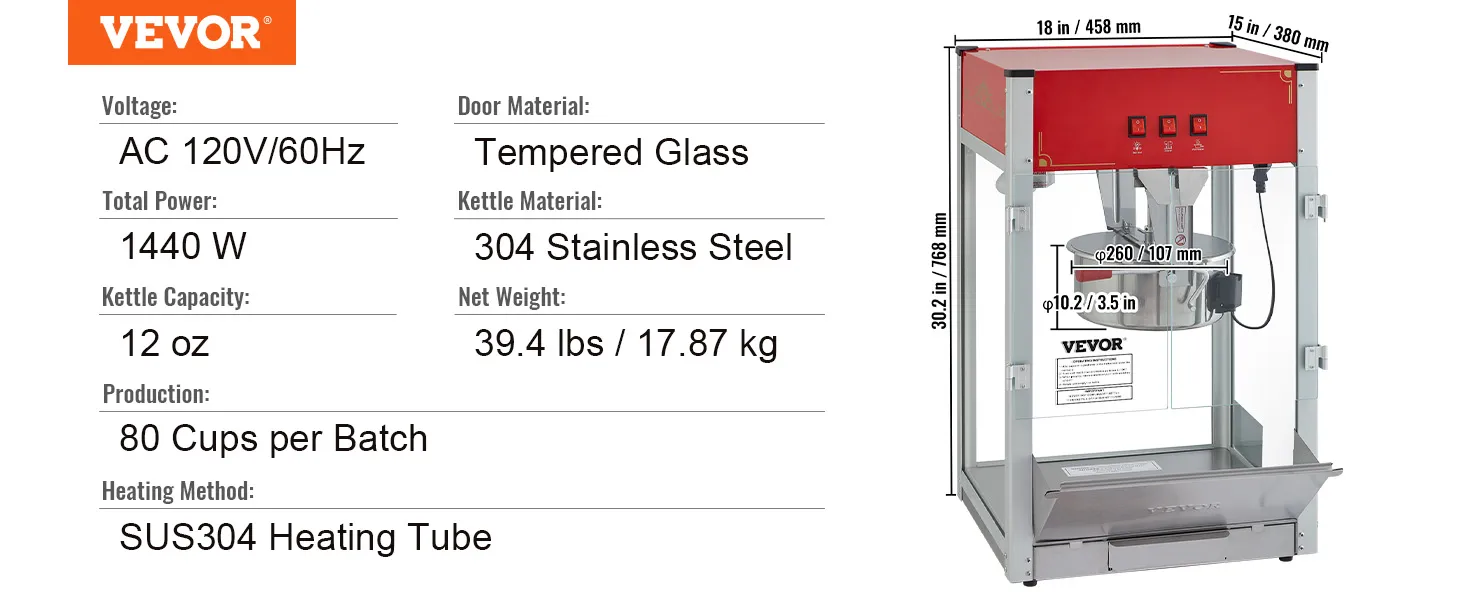 VEVOR popcorn popper machine, 1440w, 80 cups per batch, 304 stainless steel, tempered glass.