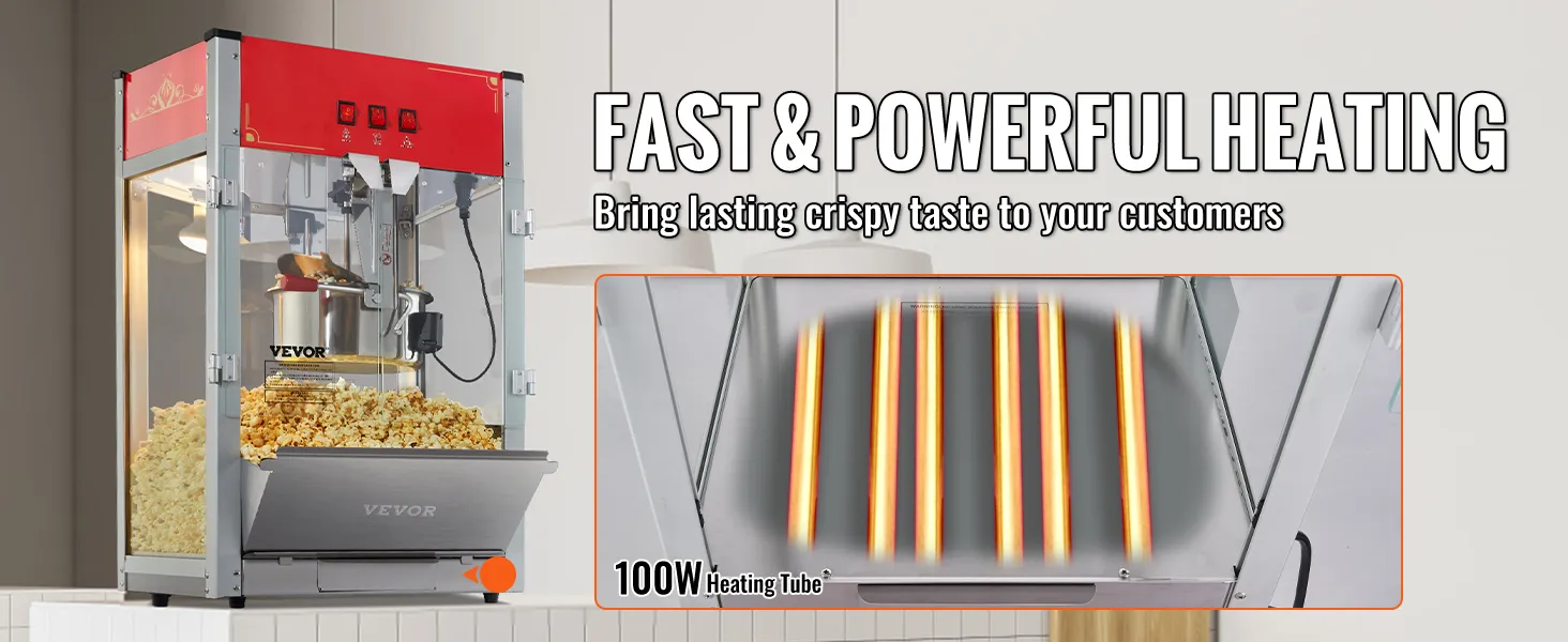 VEVOR popcorn popper machine with 100w heating tube for fast and powerful heating, producing crispy popcorn.