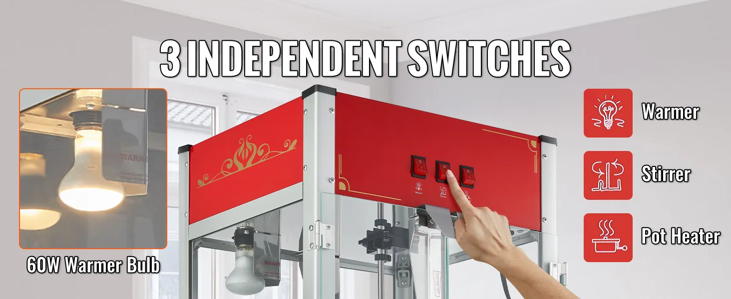 VEVOR popcorn machine with 3 switches for warmer, stirrer, and pot heater, featuring a 60w bulb.