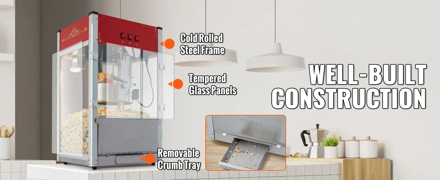 VEVOR popcorn popper machine with cold rolled steel frame, tempered glass panels, and removable crumb tray.