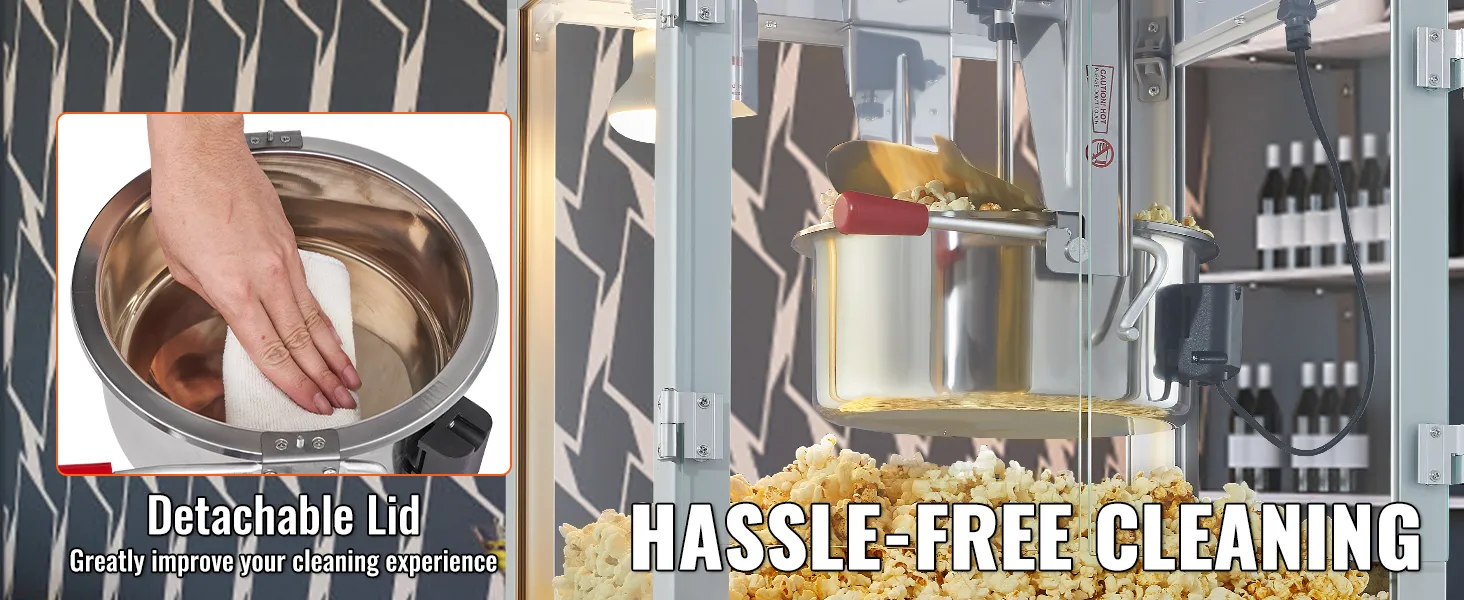 VEVOR popcorn popper machine with detachable lid for hassle-free cleaning, stainless steel container.