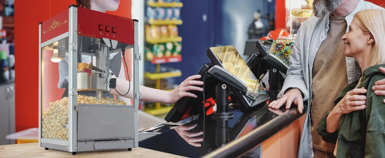 VEVOR popcorn popper machine next to customers at a counter in a brightly colored setting.