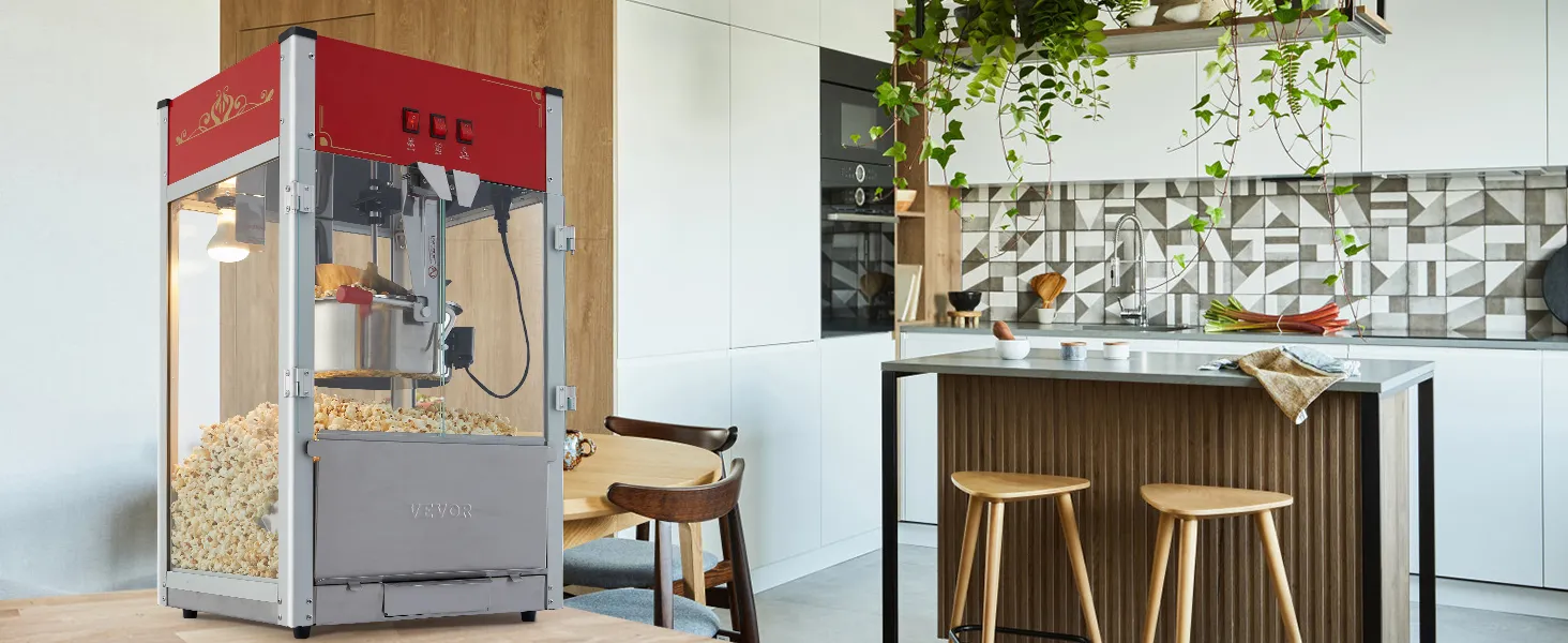 VEVOR popcorn popper machine in a modern kitchen with wooden accents and hanging plants.
