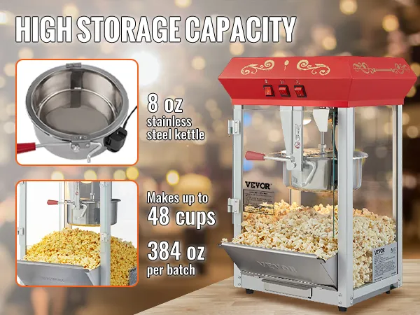 VEVOR popcorn popper machine with 8oz stainless steel kettle and capacity to make 48 cups per batch.
