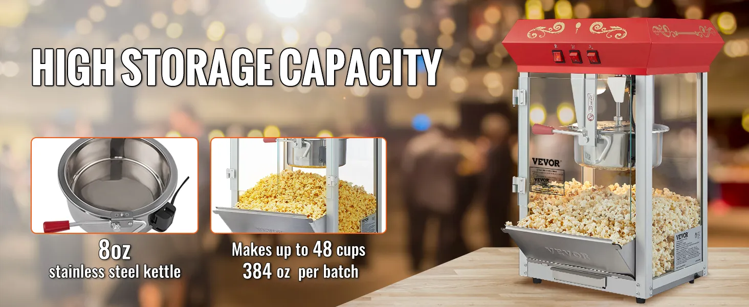 VEVOR popcorn popper machine with 8oz stainless steel kettle and capacity to make 48 cups per batch.