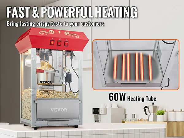 VEVOR popcorn popper machine with fast heating elements and popcorn storage, ideal for crispy snacks.