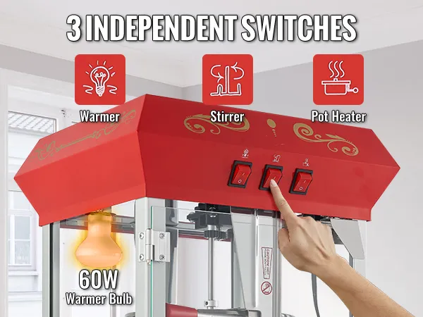 VEVOR popcorn popper machine with 3 independent switches; warmer, stirrer, and pot heater control.
