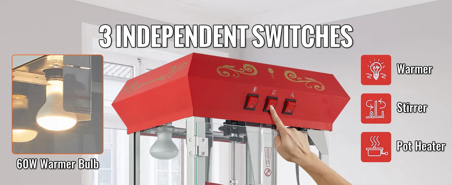 VEVOR popcorn popper machine with 3 independent switches; warmer, stirrer, and pot heater control.