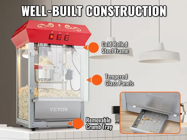 VEVOR popcorn popper machine with steel frame, glass panels, and removable crumb tray in modern kitchen.