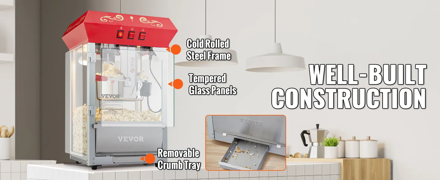 VEVOR popcorn popper machine with steel frame, glass panels, and removable crumb tray in modern kitchen.