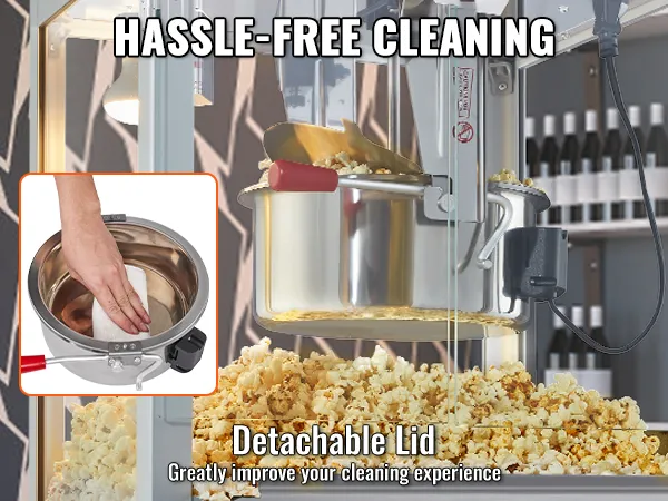 hand cleaning detachable lid of VEVOR popcorn popper machine with popped popcorn in stainless steel kettle.
