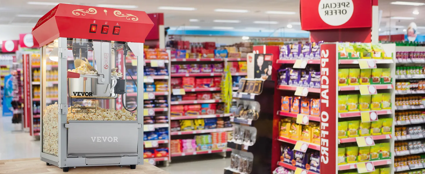 VEVOR popcorn popper machine displayed in a grocery store aisle filled with colorful products and special offers.