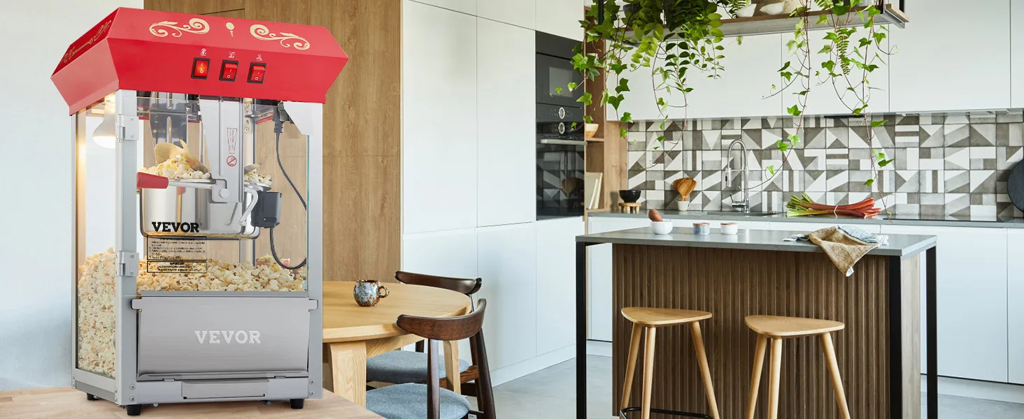 VEVOR popcorn popper machine in a modern kitchen with sleek cabinets and hanging plants.