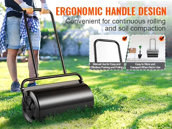 Person, die die VEVOR-Rasenwalze mit ergonomischem Griffdesign zum einfachen Rollen und Bodenverdichten verwendet.