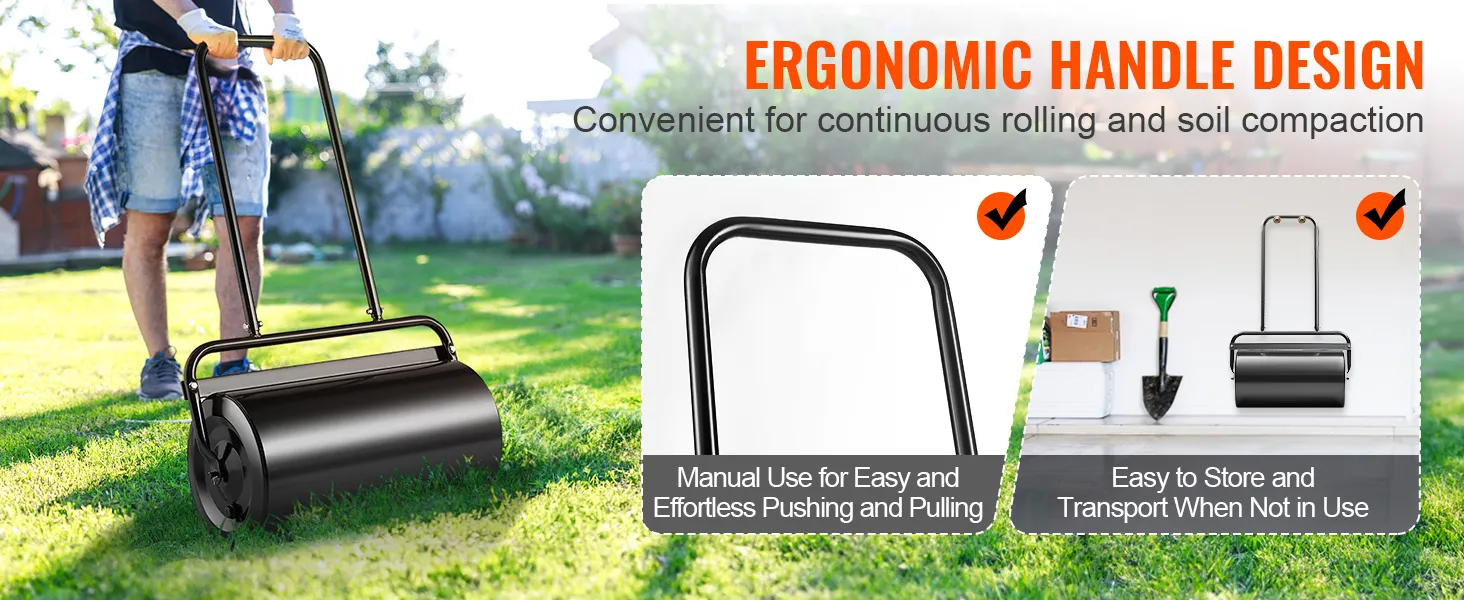 Person, die die VEVOR-Rasenwalze mit ergonomischem Griffdesign zum einfachen Rollen und Bodenverdichten verwendet.