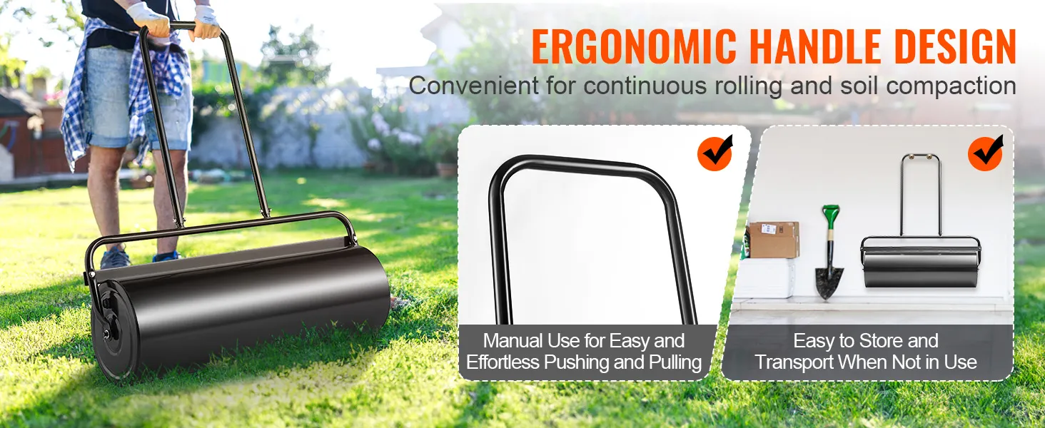 man pushing VEVOR lawn roller on grass, highlighting ergonomic handle for easy push and pull.