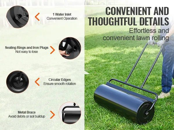 person using VEVOR lawn roller on grass; features include water inlet, sealing rings, iron plugs, circular edges.