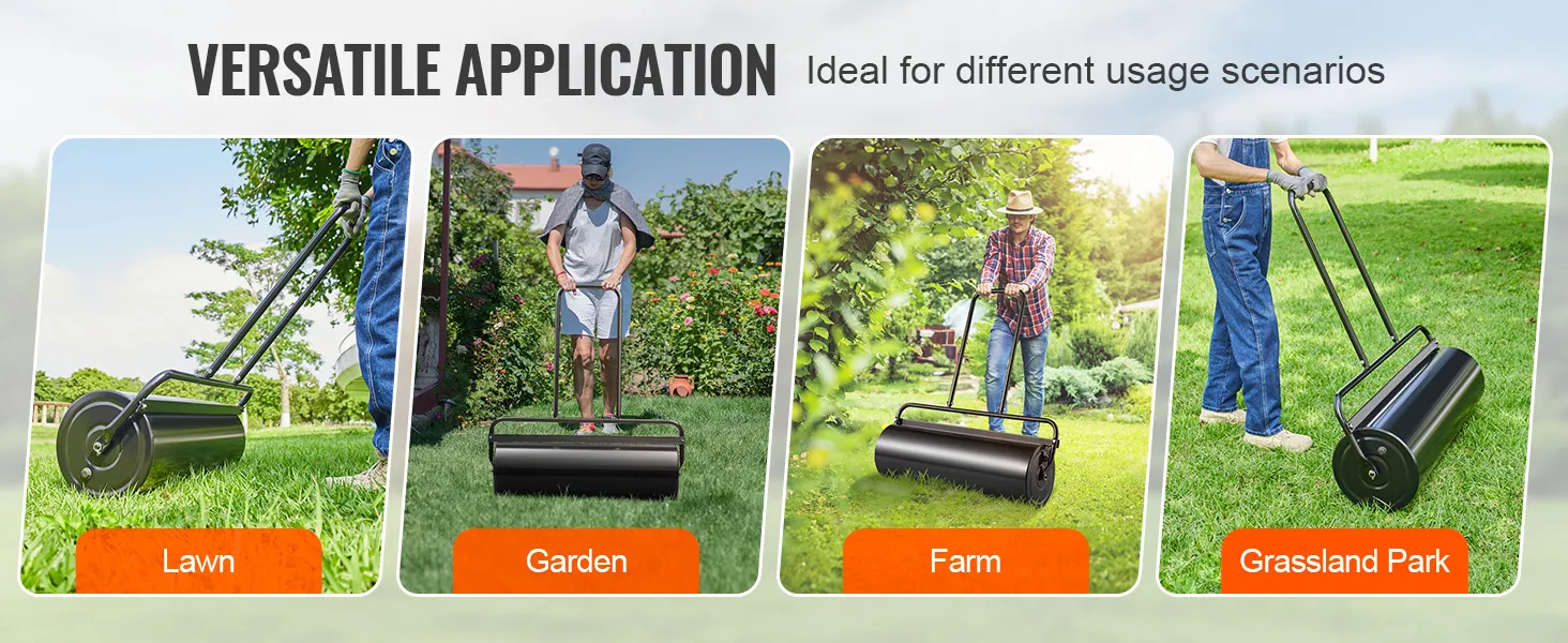 versatile uses for VEVOR lawn roller in lawn, garden, farm, and grassland park settings.