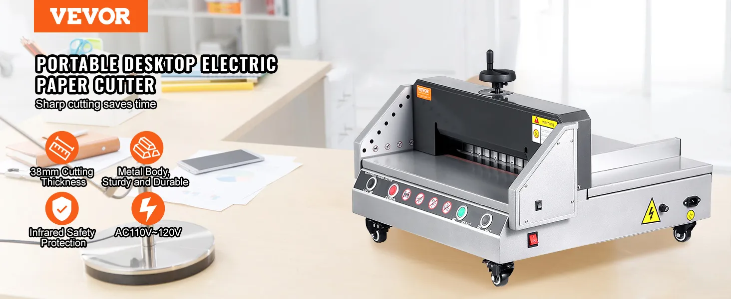 Elektryczna gilotyna do papieru VEVOR z zabezpieczeniem na podczerwień, grubością cięcia 38 mm i metalową obudową.