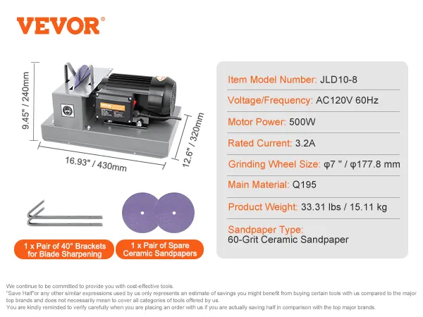 VEVOR lawn mower blade sharpener with dimensions, specifications, and included accessories displayed.