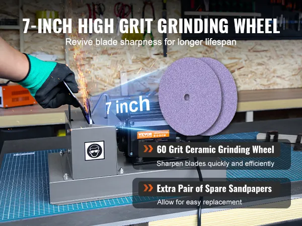 person sharpening a blade with VEVOR lawn mower blade sharpener, featuring a 7-inch 60 grit wheel.