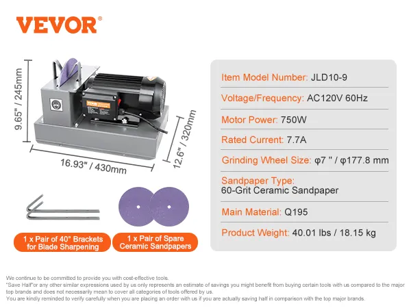 VEVOR lawn mower blade sharpener with 750w motor, 60-grit ceramic sandpaper, and 40° blade brackets.