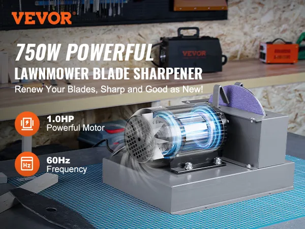 VEVOR lawn mower blade sharpener with 1.0 hp motor, 60hz frequency, shown in a workshop.