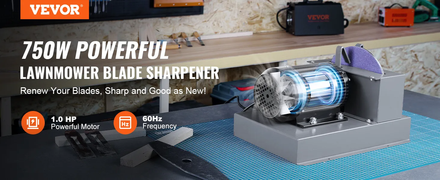 VEVOR lawn mower blade sharpener with 1.0 hp motor, 60hz frequency, shown in a workshop.