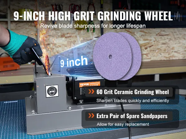 VEVOR lawn mower blade sharpener with 9-inch high grit grinding wheel and 60 grit ceramic disc.
