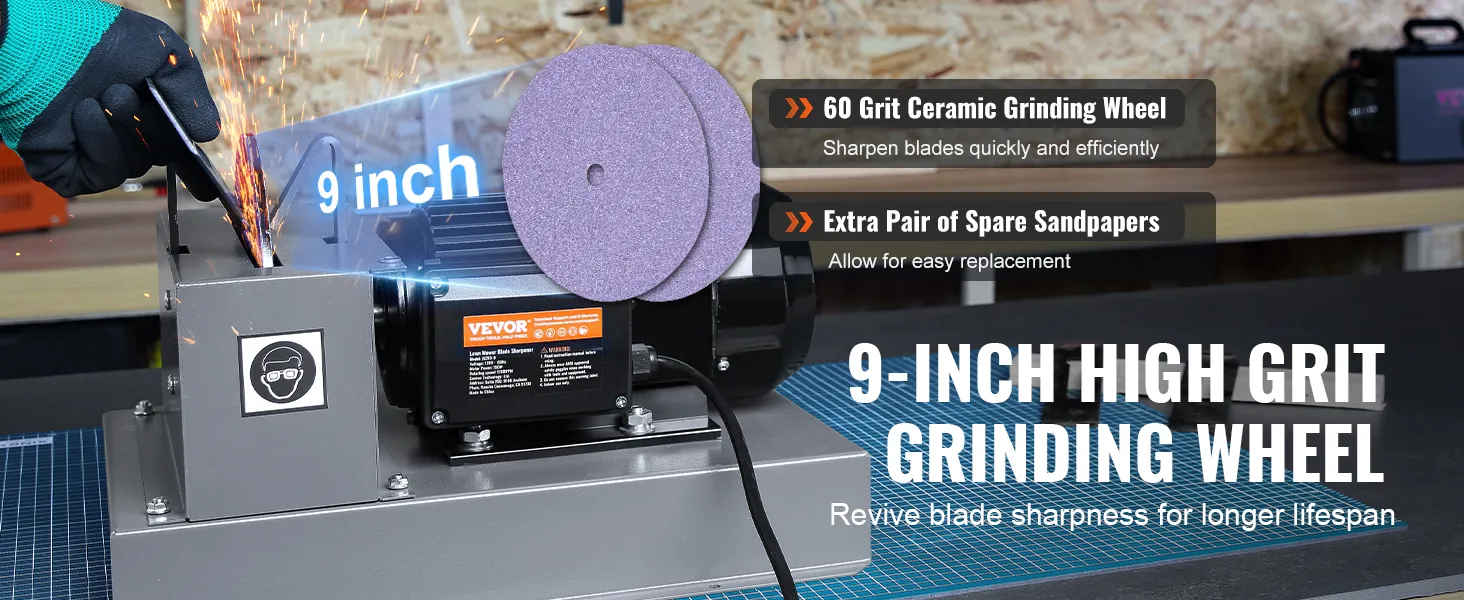 VEVOR lawn mower blade sharpener with 9-inch high grit grinding wheel and 60 grit ceramic disc.