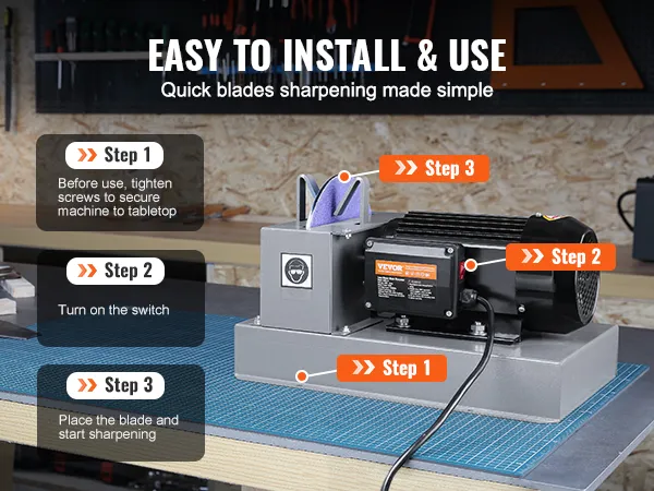 VEVOR lawn mower blade sharpener setup illustration with three easy steps for quick blades sharpening.