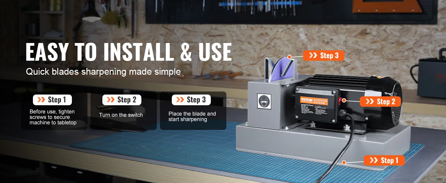 VEVOR lawn mower blade sharpener setup illustration with three easy steps for quick blades sharpening.