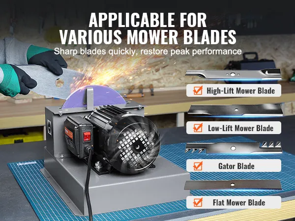 sharpening blade with VEVOR lawn mower blade sharpener, applicable for high-lift, low-lift, flat, and gator blades.