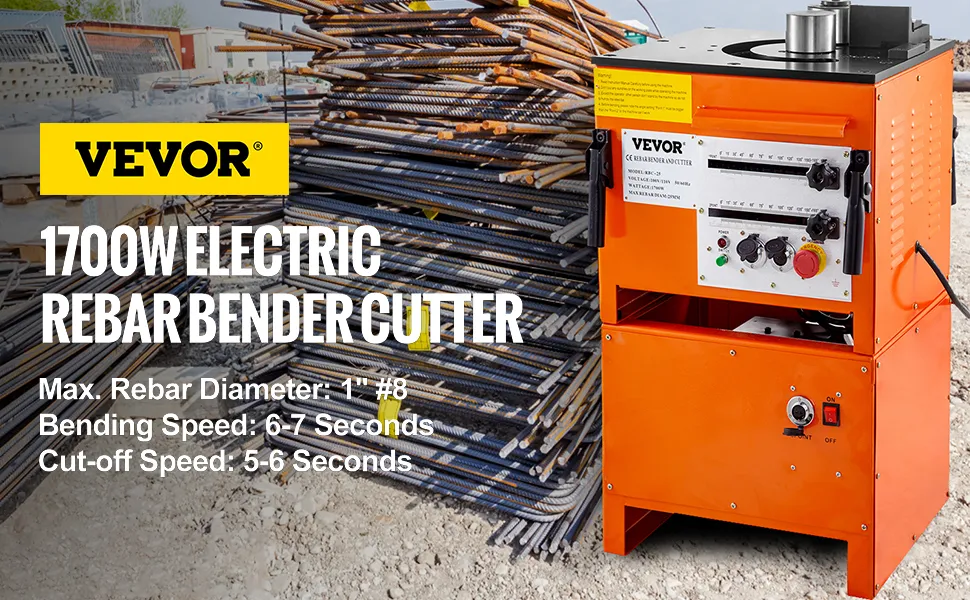 VEVOR hydraulic rebar bender beside stacked rebar on a construction site.