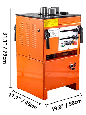 orange VEVOR hydraulic rebar bender with dimensions: 31.1"x19.6"x17.7".