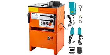 VEVOR hydraulic rebar bender with accessories including various power tools and connectors.
