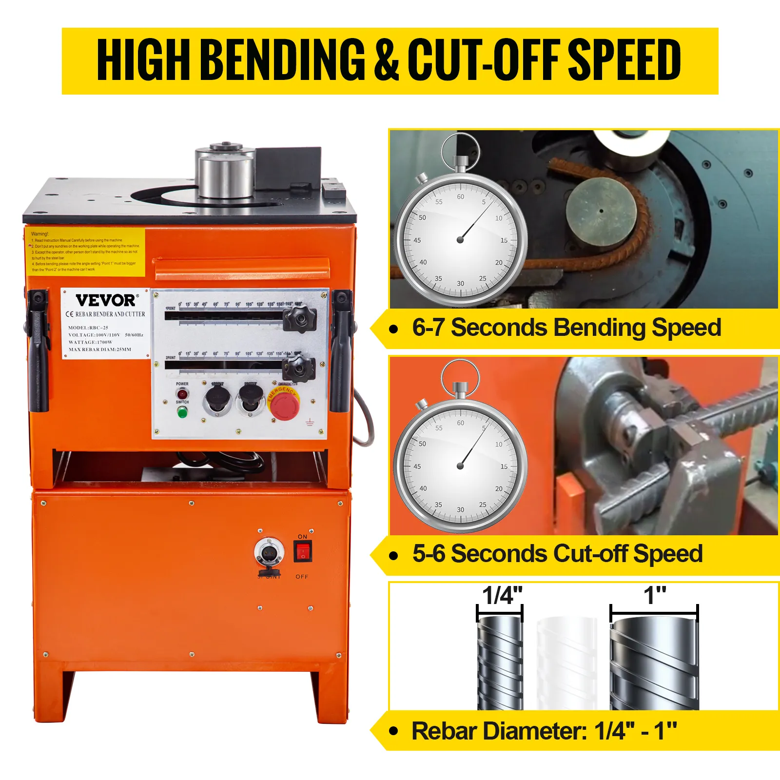 VEVOR hydraulic rebar bender with 6-7 sec bending, 5-6 sec cut-off speed, 1/4"-1" diameter.