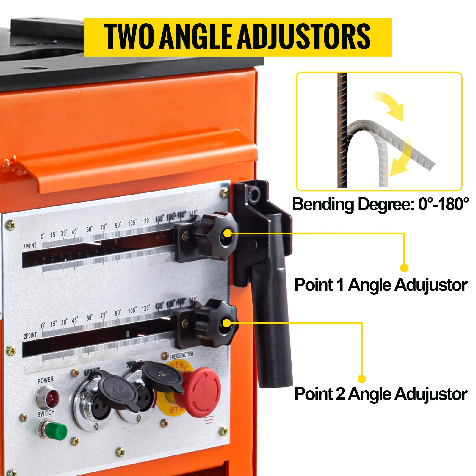 VEVOR hydraulic rebar bender with two angle adjustors and adjustable bending degree.