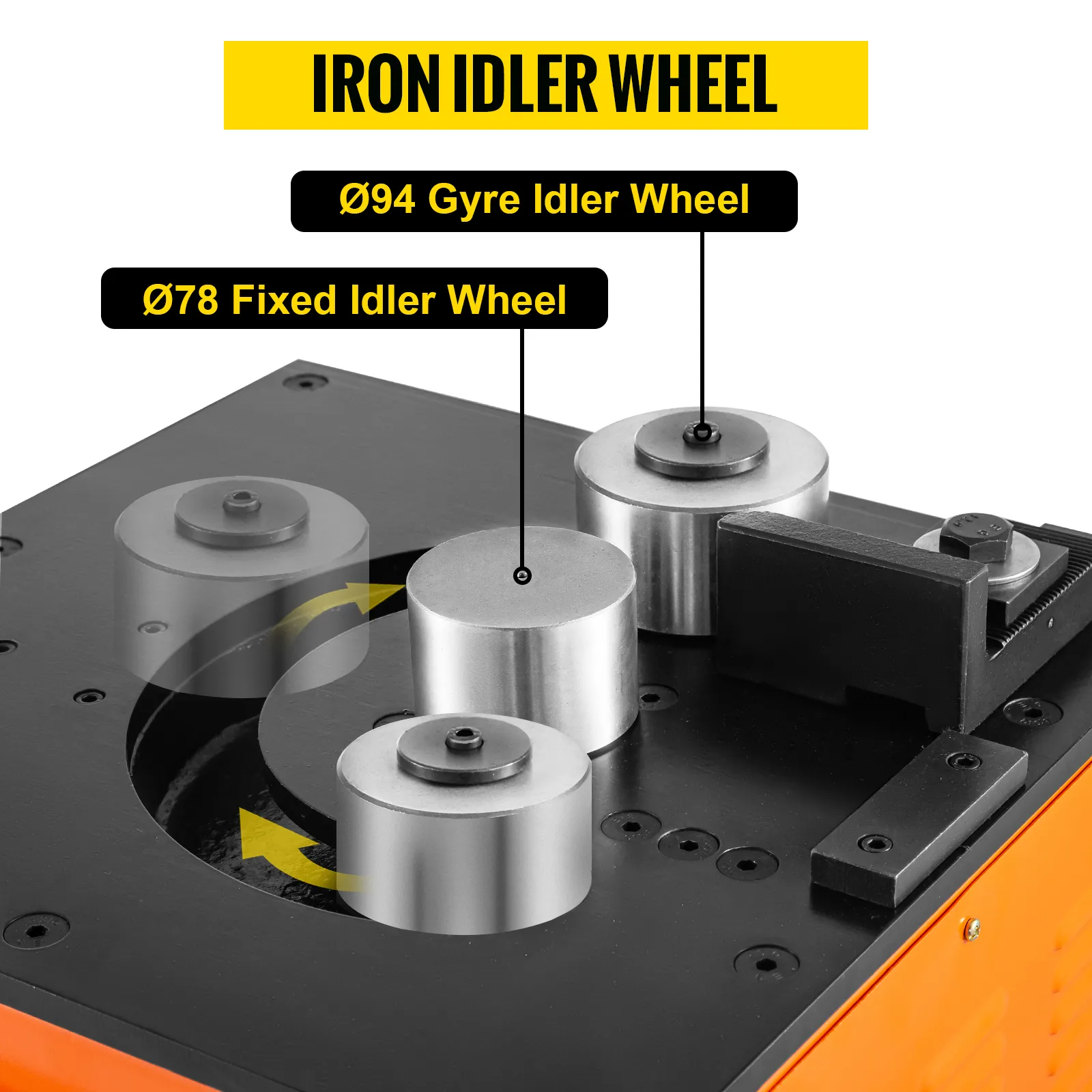VEVOR hydraulic rebar bender with iron idler wheel, gyre, and fixed idler wheel.