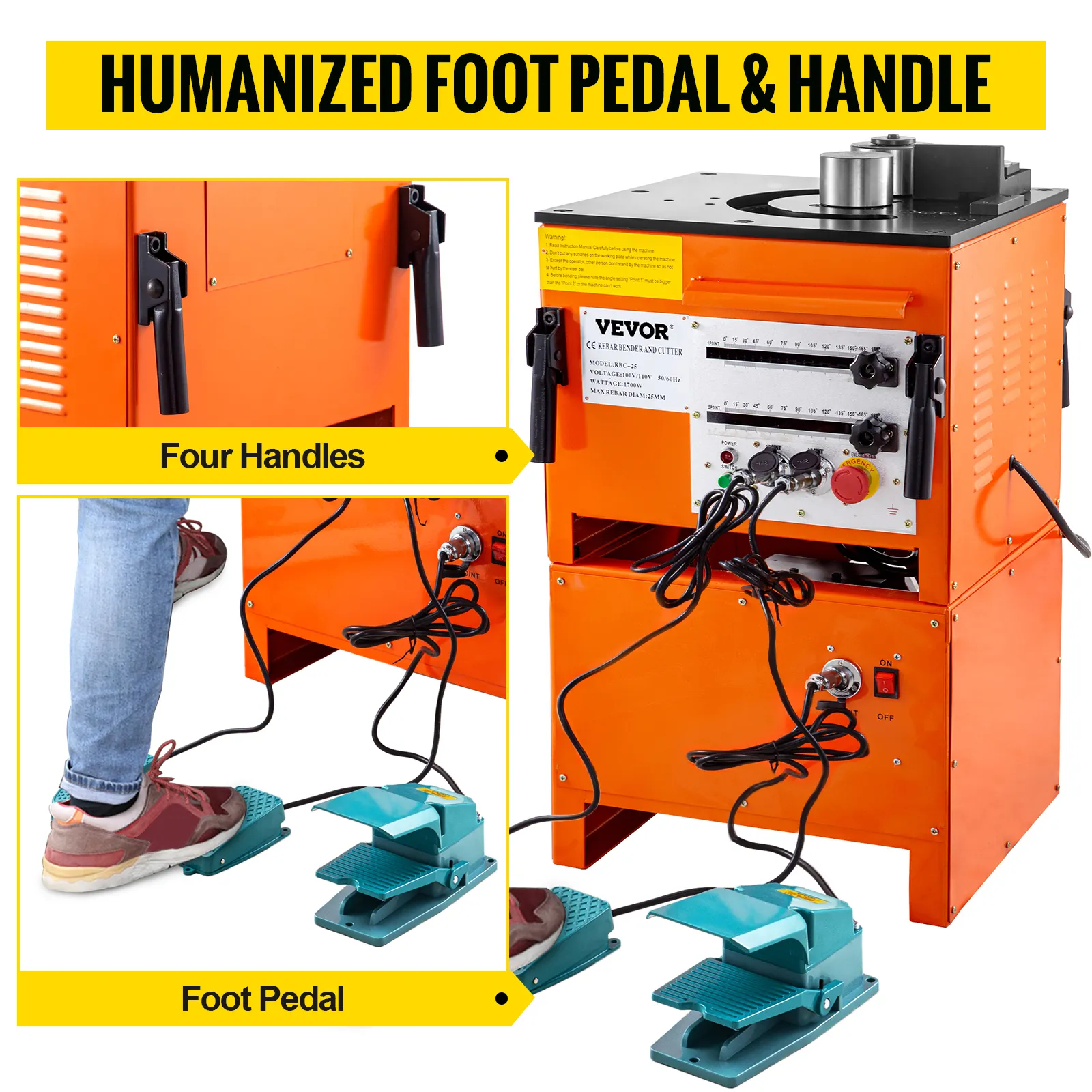 VEVOR hydraulic rebar bender with four handles and foot pedal, orange machine