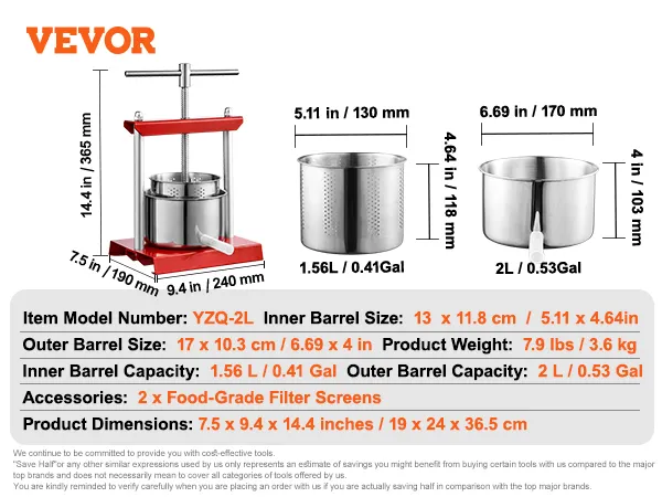 VEVOR yzq-2l juicer, 1.56l inner barrel, 2l outer barrel, food-grade filter screens.