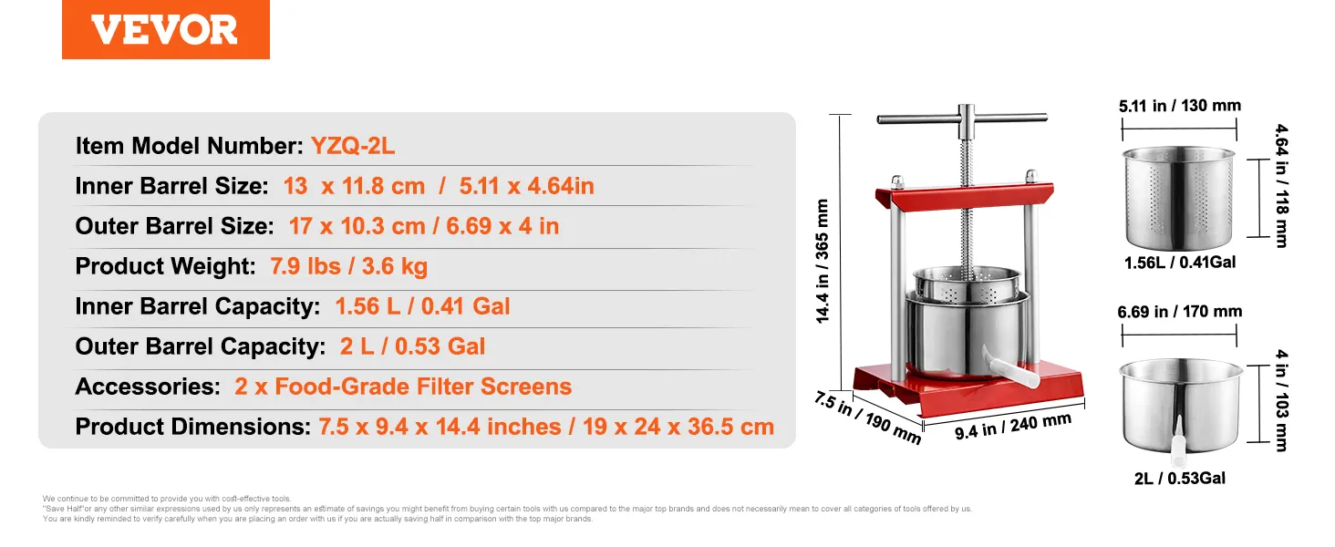 VEVOR yzq-2l juicer, 1.56l inner barrel, 2l outer barrel, food-grade filter screens.