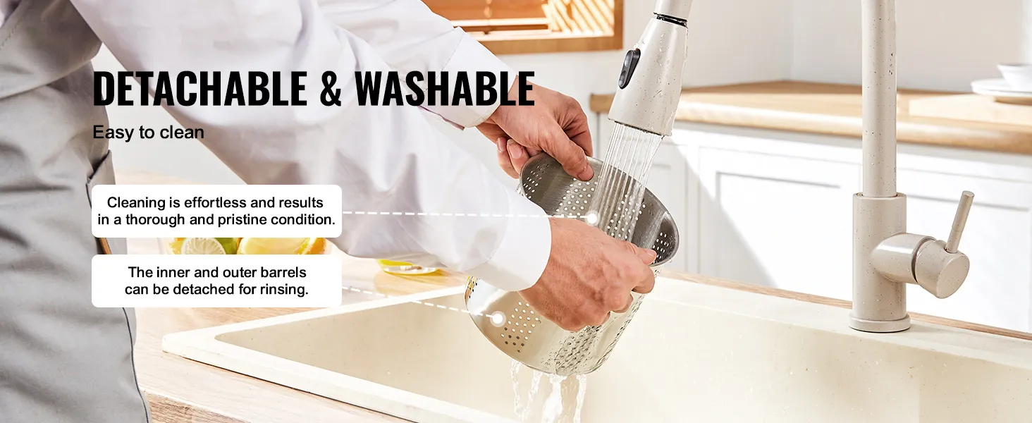 hands washing a detachable VEVOR fruit wine press in a kitchen sink, showing ease of cleaning.