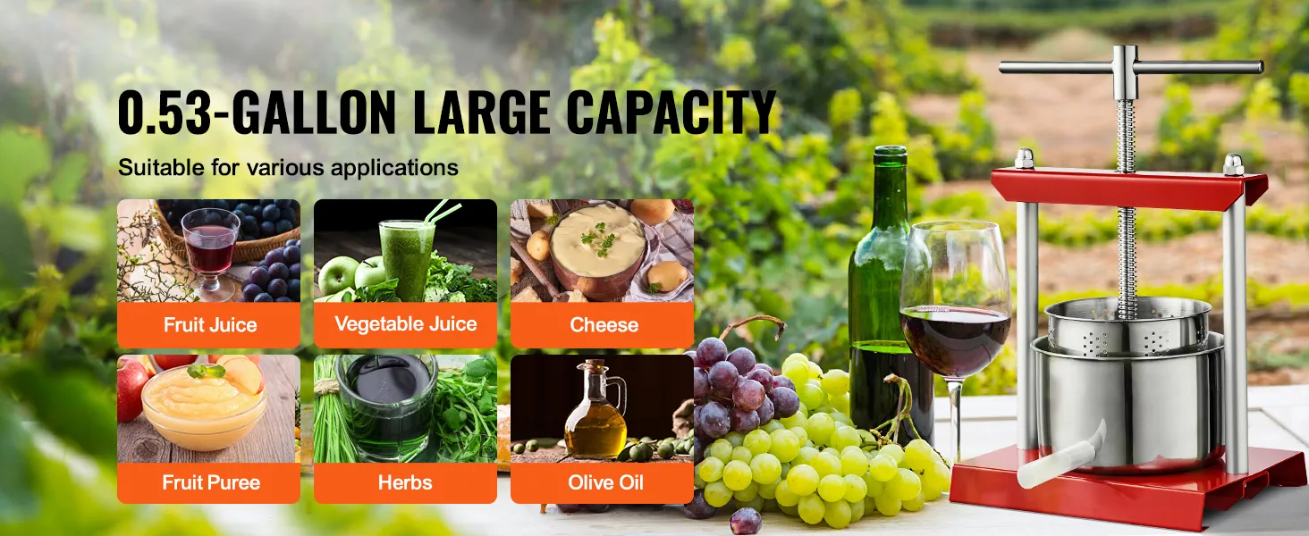 VEVOR fruit wine press in a vineyard, suitable for fruit juice, vegetable juice, cheese, and more.