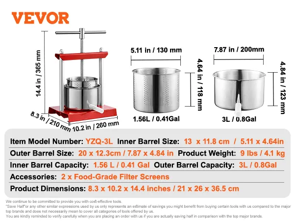VEVOR fruitwijnpers yzq-3l met afmetingen, 2 filterschermen en een binnenvatcapaciteit van 1,56 l.
