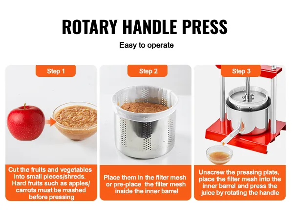 Instructies voor de VEVOR fruitwijnpers met draaihendel, met stappen voor het persen van sap.