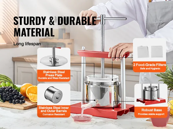 VEVOR fruitwijnpers, roestvrij staal en filters van voedingskwaliteit, omringd door vers fruit.