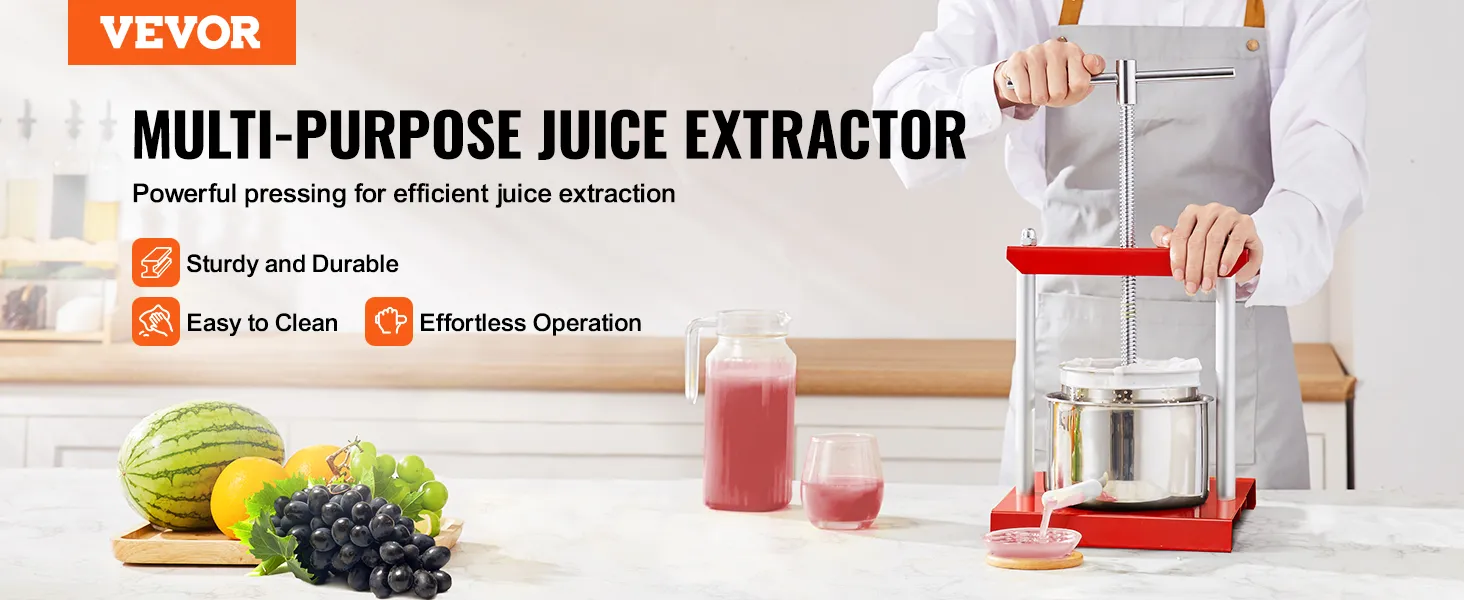 VEVOR fruit wine press being used to extract juice on a kitchen counter, showcasing fruits and juice.